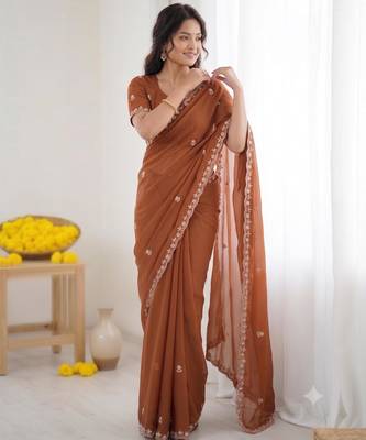 Brown georgette embroidered saree with sequins work 3
