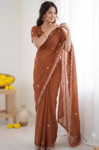 Brown georgette embroidered saree with sequins work