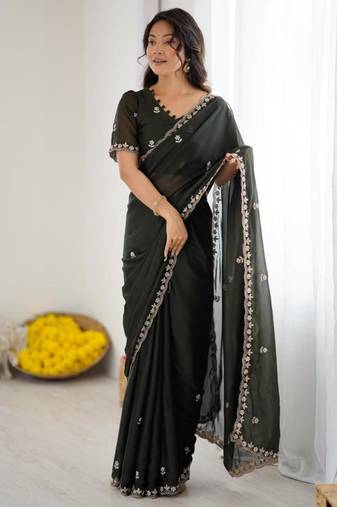 Black georgette embroidered saree with sequins work