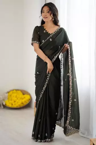 Black georgette embroidered saree with sequins work