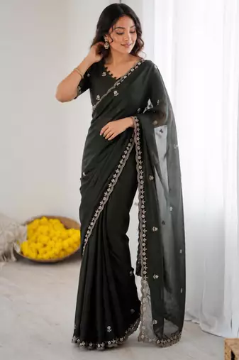 Black georgette embroidered saree with sequins work