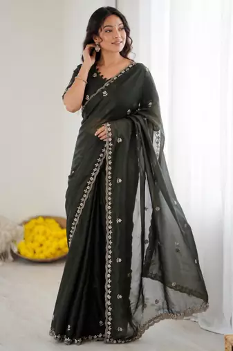 Black georgette embroidered saree with sequins work