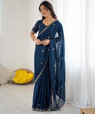 Blue georgette embroidered saree with sequins work 1