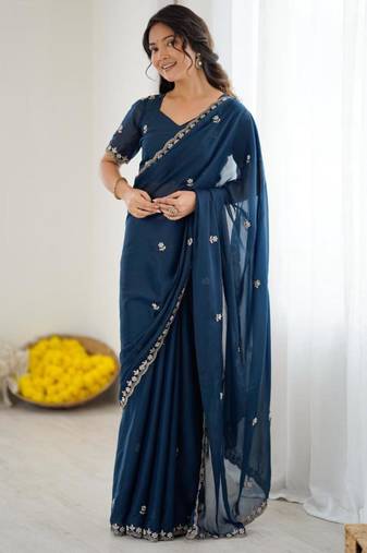 Blue georgette embroidered saree with sequins work