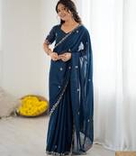 Blue georgette embroidered saree with sequins work