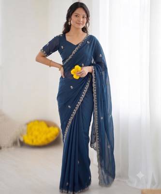 Blue georgette embroidered saree with sequins work 2