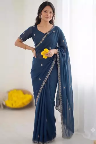 Blue georgette embroidered saree with sequins work