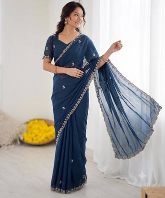 Blue georgette embroidered saree with sequins work 3