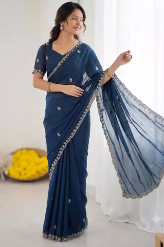 Blue georgette embroidered saree with sequins work