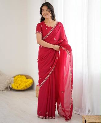 Rani pink georgette embroidered saree with sequins work 1