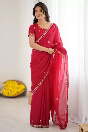 Rani pink georgette embroidered saree with sequins work