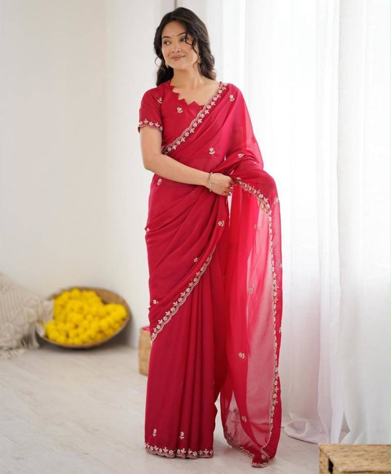Rani pink georgette embroidered saree with sequins work