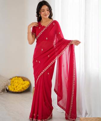 Rani pink georgette embroidered saree with sequins work 2
