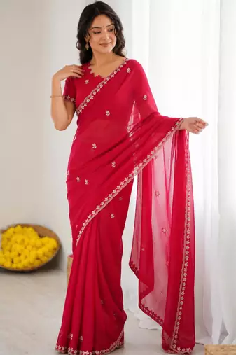 Rani pink georgette embroidered saree with sequins work