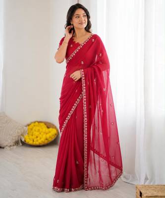Rani pink georgette embroidered saree with sequins work 3