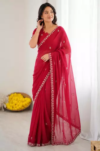 Rani pink georgette embroidered saree with sequins work