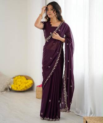 Wine georgette embroidered saree with sequins work 1