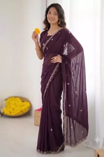Wine georgette embroidered saree with sequins work