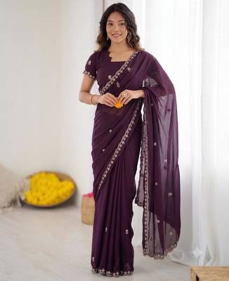 Wine georgette embroidered saree with sequins work 3