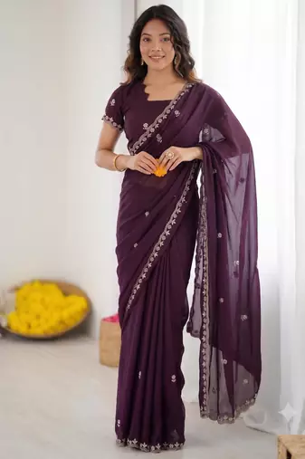Wine georgette embroidered saree with sequins work