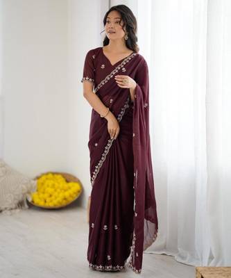 Chocolate georgette embroidered saree with sequins work 1