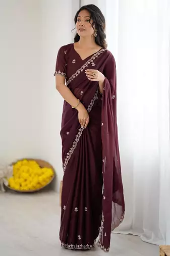 Chocolate georgette embroidered saree with sequins work