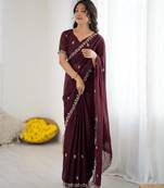 Chocolate georgette embroidered saree with sequins work
