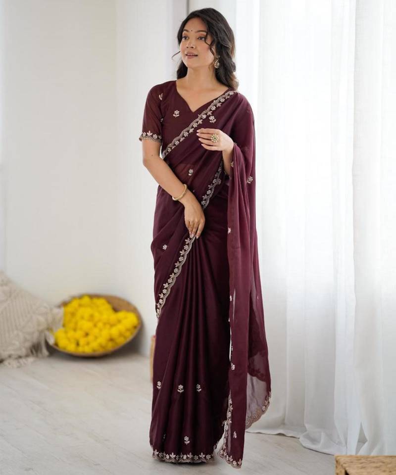 Chocolate georgette embroidered saree with sequins work