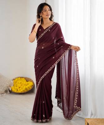 Chocolate georgette embroidered saree with sequins work 2