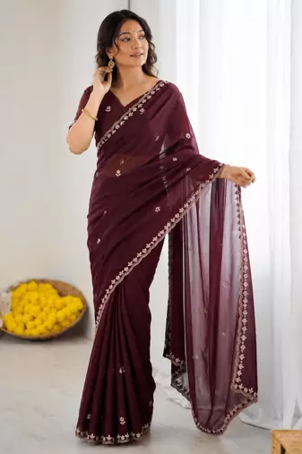 Chocolate georgette embroidered saree with sequins work