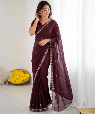 Chocolate georgette embroidered saree with sequins work 3