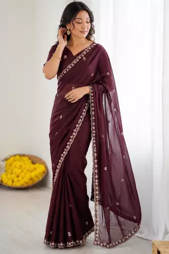 Chocolate georgette embroidered saree with sequins work