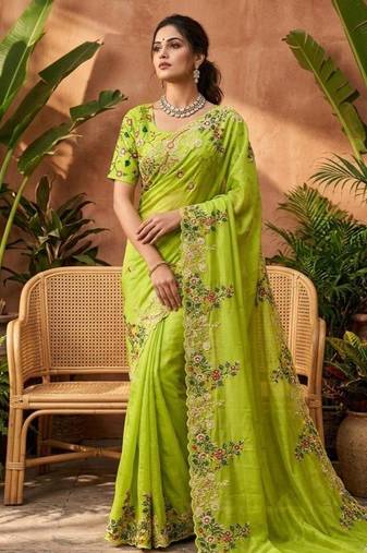 Parrot green silk blend embroidered saree with sequins work