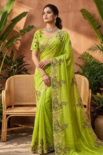 Parrot green silk blend embroidered saree with sequins work