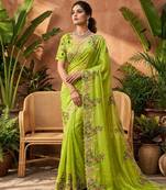 Parrot green silk blend embroidered saree with sequins work