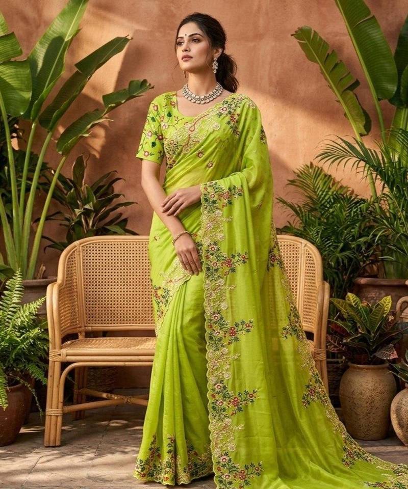 Parrot green silk blend embroidered saree with sequins work