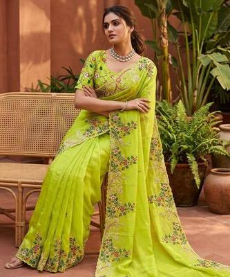 Parrot green silk blend embroidered saree with sequins work 2