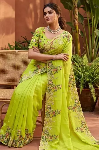 Parrot green silk blend embroidered saree with sequins work