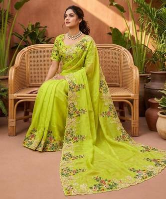 Parrot green silk blend embroidered saree with sequins work 3
