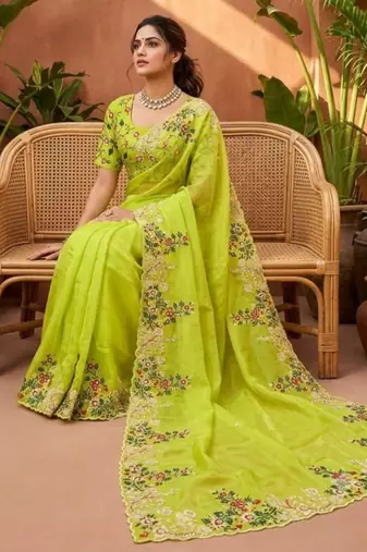 Parrot green silk blend embroidered saree with sequins work