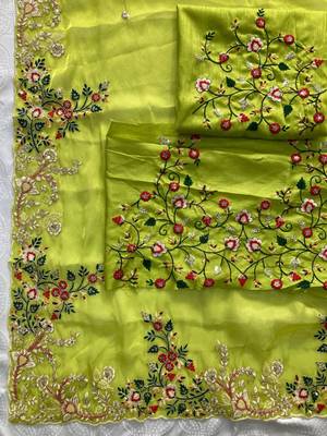 Parrot green silk blend embroidered saree with sequins work 4