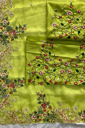 Parrot green silk blend embroidered saree with sequins work