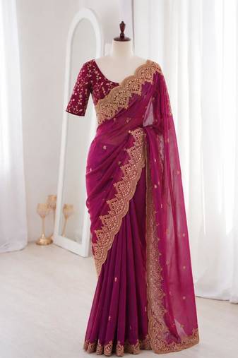 Magenta satin embroidered saree with sequins work
