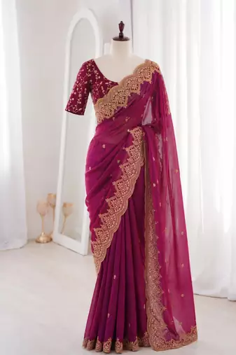 Magenta satin embroidered saree with sequins work