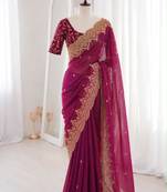 Magenta satin embroidered saree with sequins work