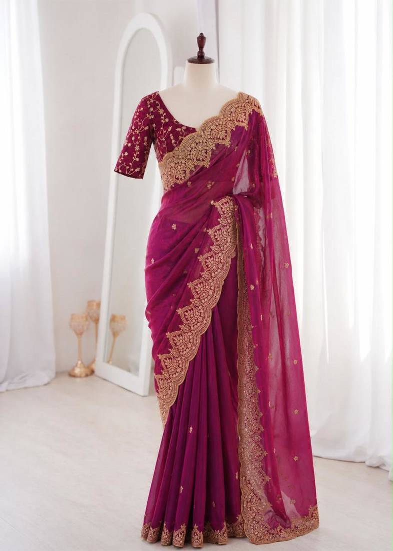 Magenta satin embroidered saree with sequins work