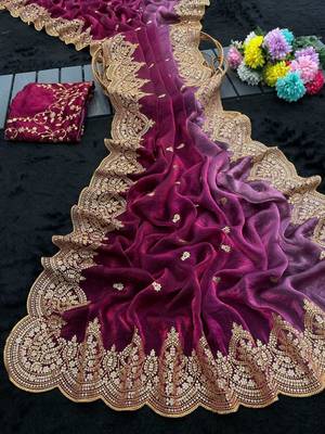 Magenta satin embroidered saree with sequins work 2