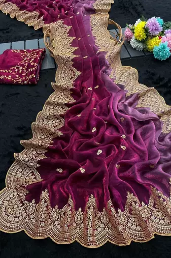 Magenta satin embroidered saree with sequins work