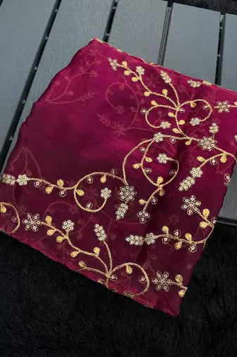Magenta satin embroidered saree with sequins work