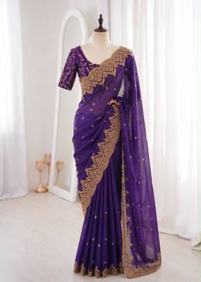 Royal blue satin embroidered saree with sequins work 1